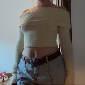 silence + noise Cream Off-the-Shoulder Cropped Sweater